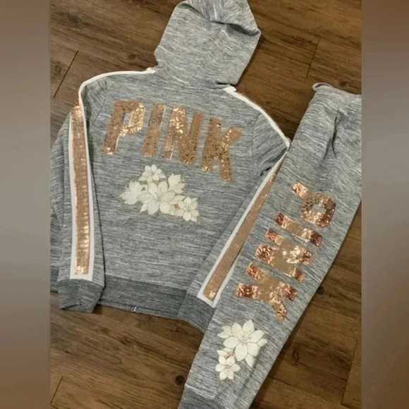 PINK VS HTF FLORAL BLING HOODIE / JOGGERS OUTFIT SET L - Picture 2 of 13